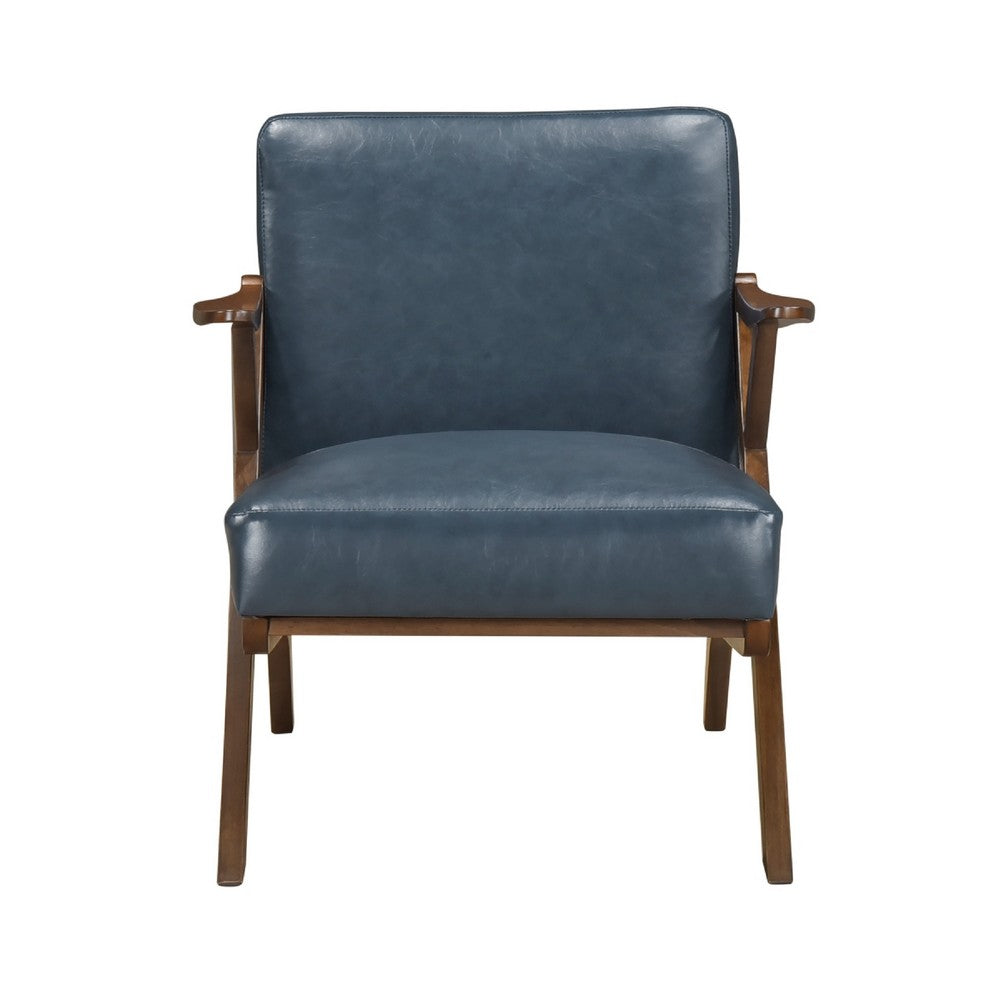 Benjara Gya Accent Chair, Blue Faux Leather Upholstery, Walnut Brown Rubberwood