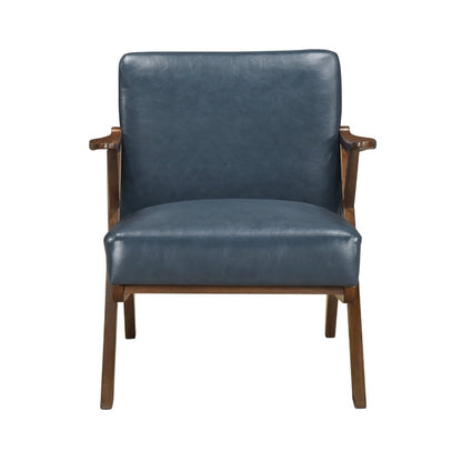 Benjara Gya Accent Chair, Blue Faux Leather Upholstery, Walnut Brown Rubberwood