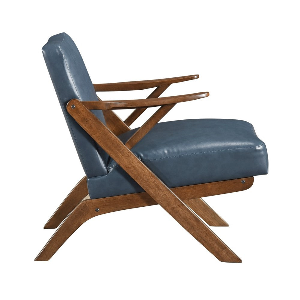 Benjara Gya Accent Chair, Blue Faux Leather Upholstery, Walnut Brown Rubberwood