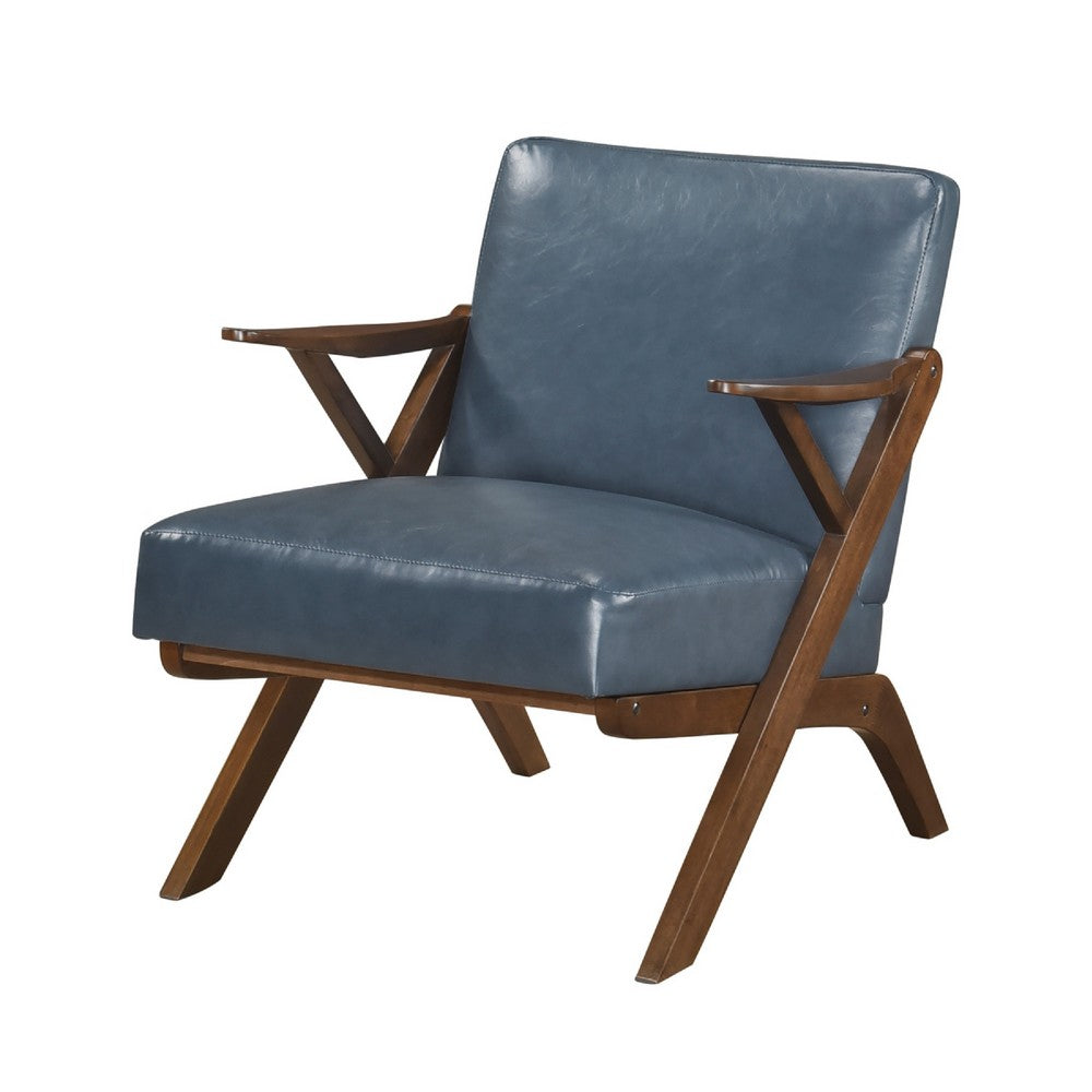 Benjara Gya Accent Chair, Blue Faux Leather Upholstery, Walnut Brown Rubberwood