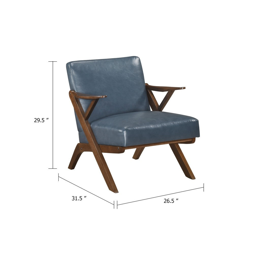 Benjara Gya Accent Chair, Blue Faux Leather Upholstery, Walnut Brown Rubberwood
