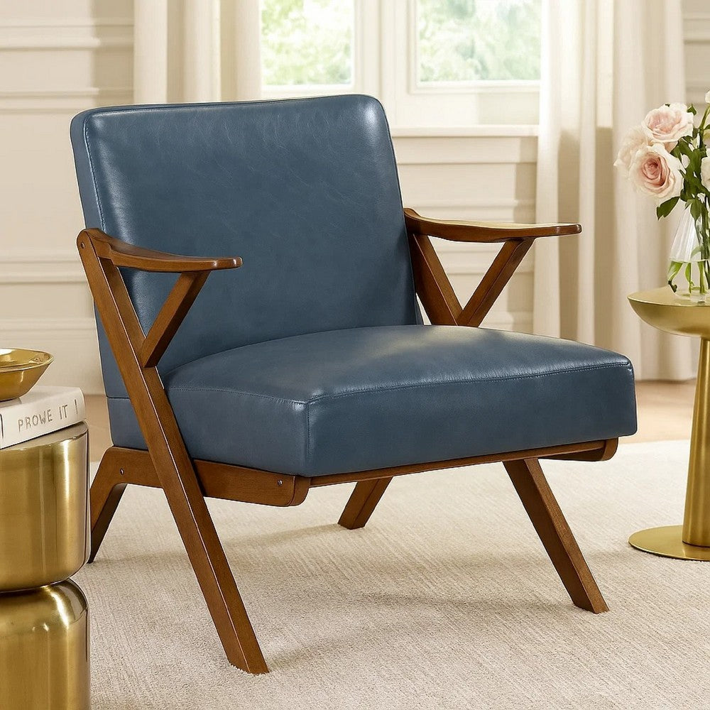 Benjara Gya Accent Chair, Blue Faux Leather Upholstery, Walnut Brown Rubberwood
