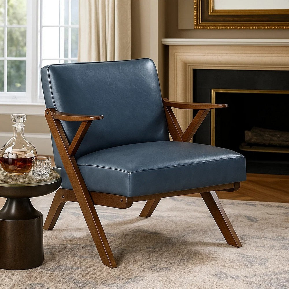 Benjara Gya Accent Chair, Blue Faux Leather Upholstery, Walnut Brown Rubberwood