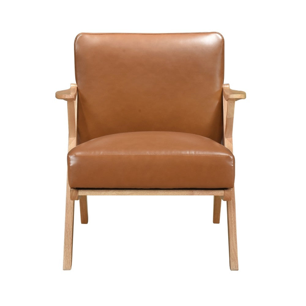 Benjara Gya Accent Chair, Brown Faux Leather, Natural Brown Rubberwood