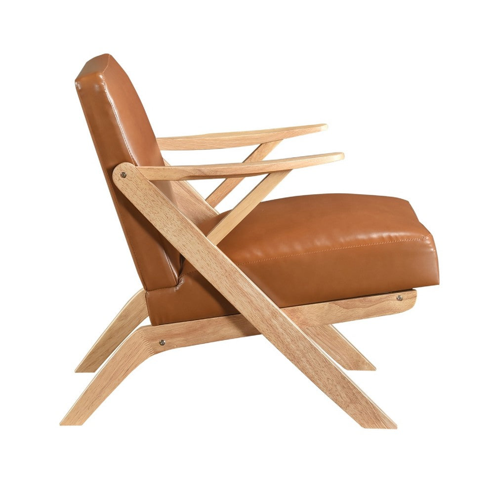 Benjara Gya Accent Chair, Brown Faux Leather, Natural Brown Rubberwood
