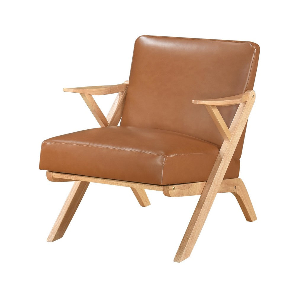 Benjara Gya Accent Chair, Brown Faux Leather, Natural Brown Rubberwood
