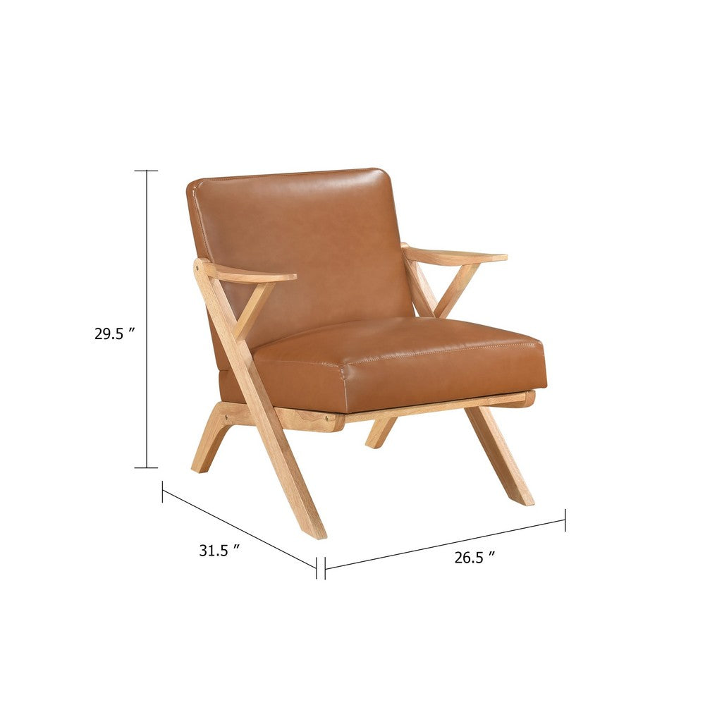 Benjara Gya Accent Chair, Brown Faux Leather, Natural Brown Rubberwood