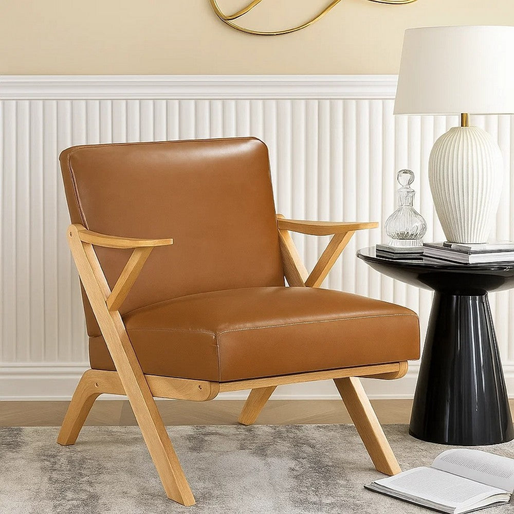 Benjara Gya Accent Chair, Brown Faux Leather, Natural Brown Rubberwood