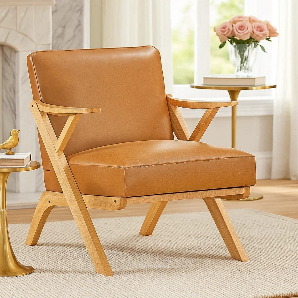 Benjara Gya Accent Chair, Brown Faux Leather, Natural Brown Rubberwood