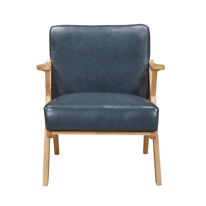Benjara Gya Accent Chair, Blue Faux Leather, Natural Brown Rubberwood