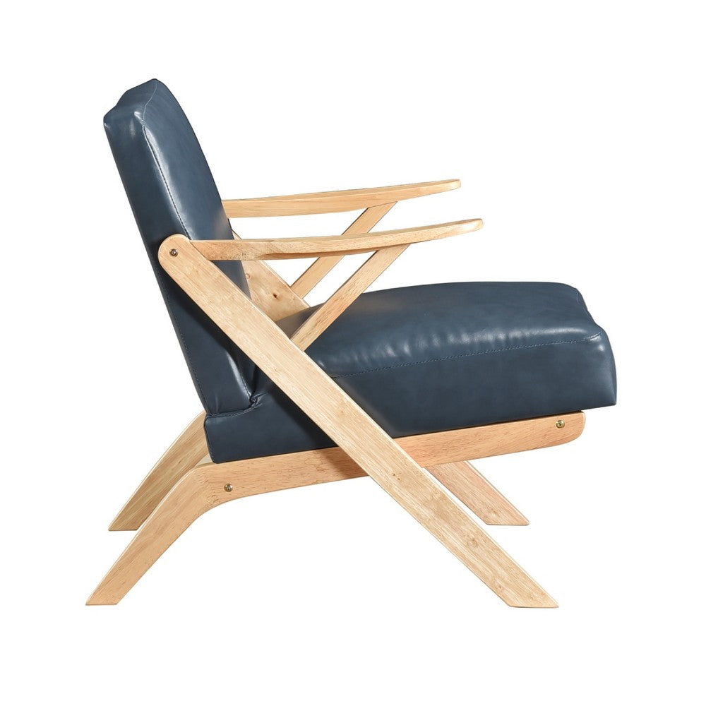 Benjara Gya Accent Chair, Blue Faux Leather, Natural Brown Rubberwood