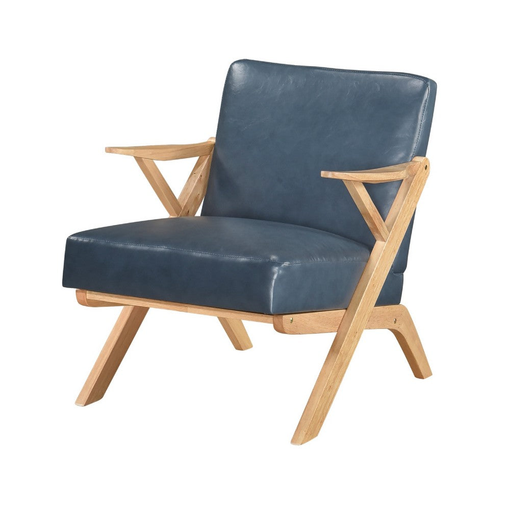 Benjara Gya Accent Chair, Blue Faux Leather, Natural Brown Rubberwood