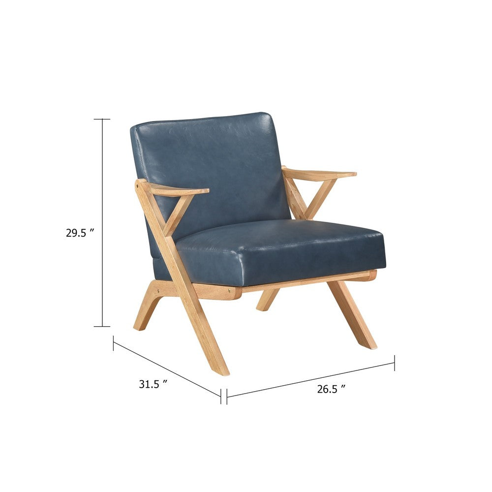 Benjara Gya Accent Chair, Blue Faux Leather, Natural Brown Rubberwood