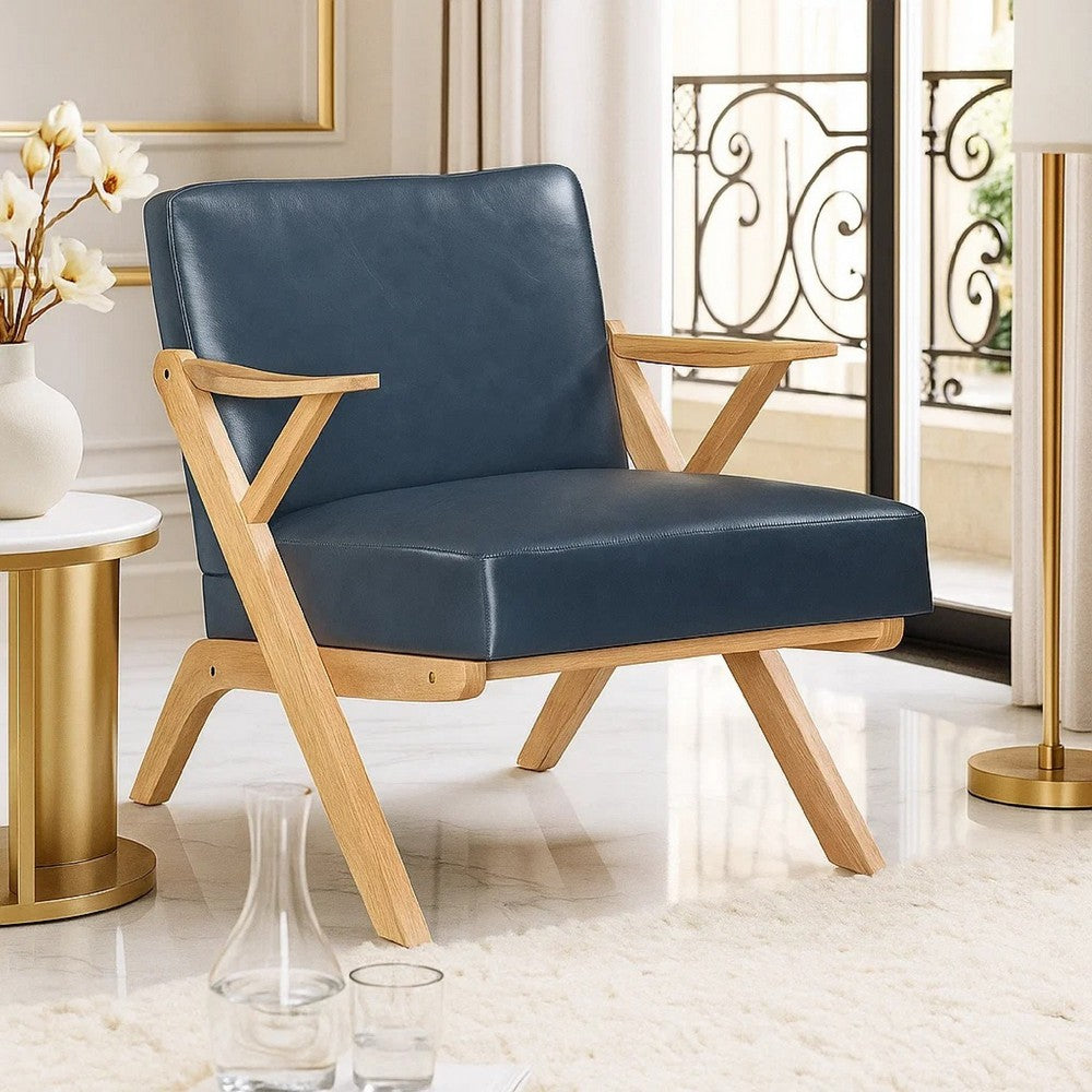Benjara Gya Accent Chair, Blue Faux Leather, Natural Brown Rubberwood