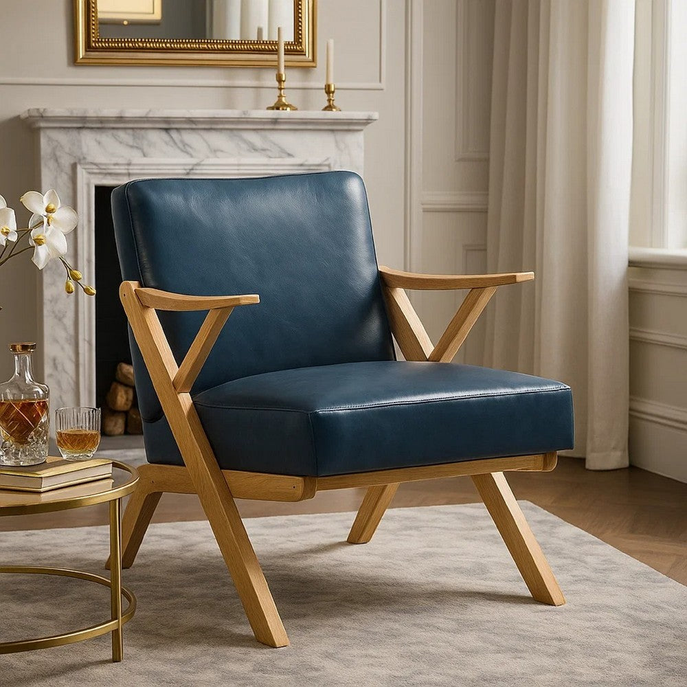 Benjara Gya Accent Chair, Blue Faux Leather, Natural Brown Rubberwood