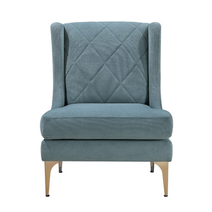 Benjara Svy Wingback Accent Chair, Blue Chenille Cushion, Gold Metal Legs