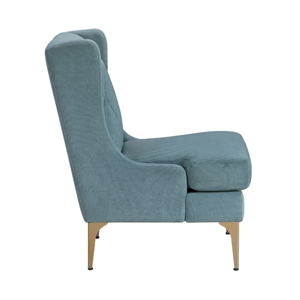 Benjara Svy Wingback Accent Chair, Blue Chenille Cushion, Gold Metal Legs