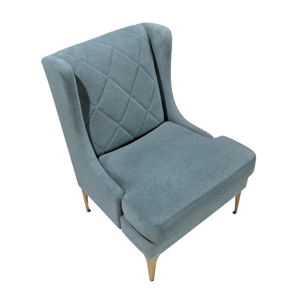 Benjara Svy Wingback Accent Chair, Blue Chenille Cushion, Gold Metal Legs