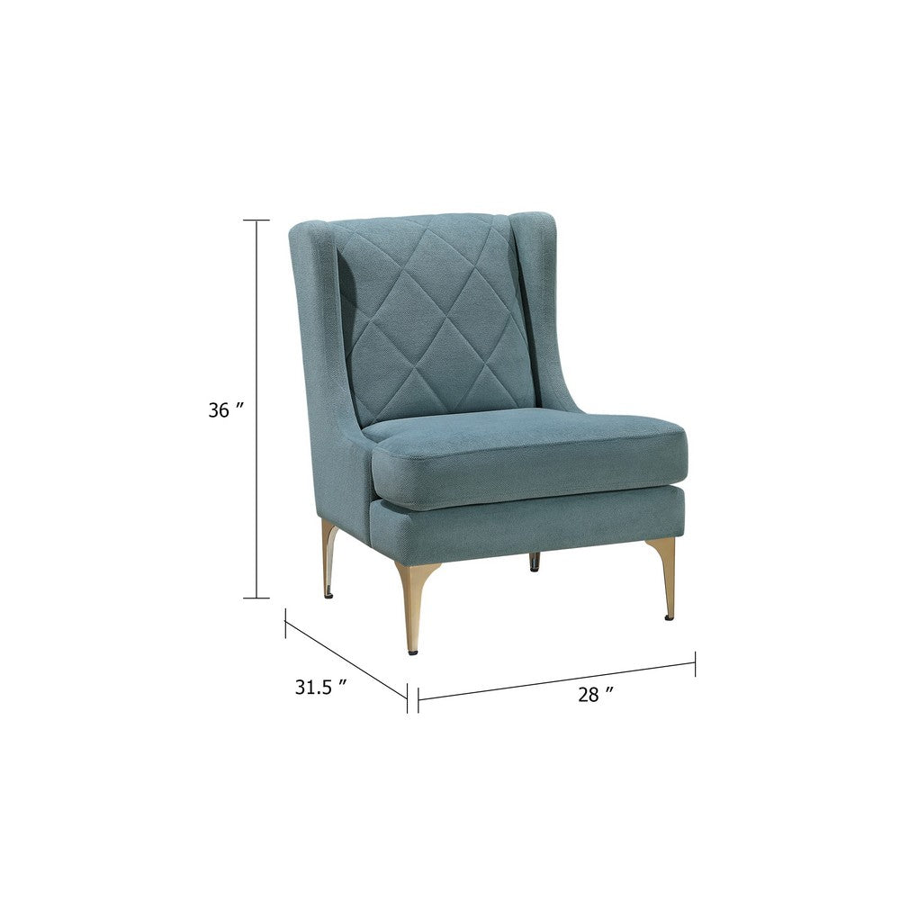 Benjara Svy Wingback Accent Chair, Blue Chenille Cushion, Gold Metal Legs