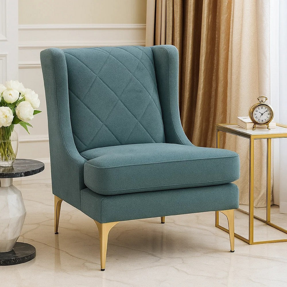 Benjara Svy Wingback Accent Chair, Blue Chenille Cushion, Gold Metal Legs