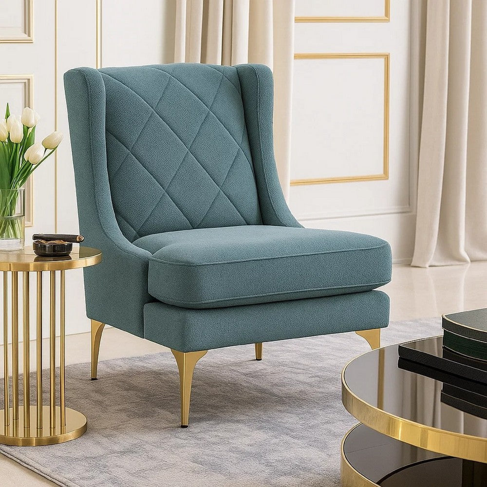 Benjara Svy Wingback Accent Chair, Blue Chenille Cushion, Gold Metal Legs