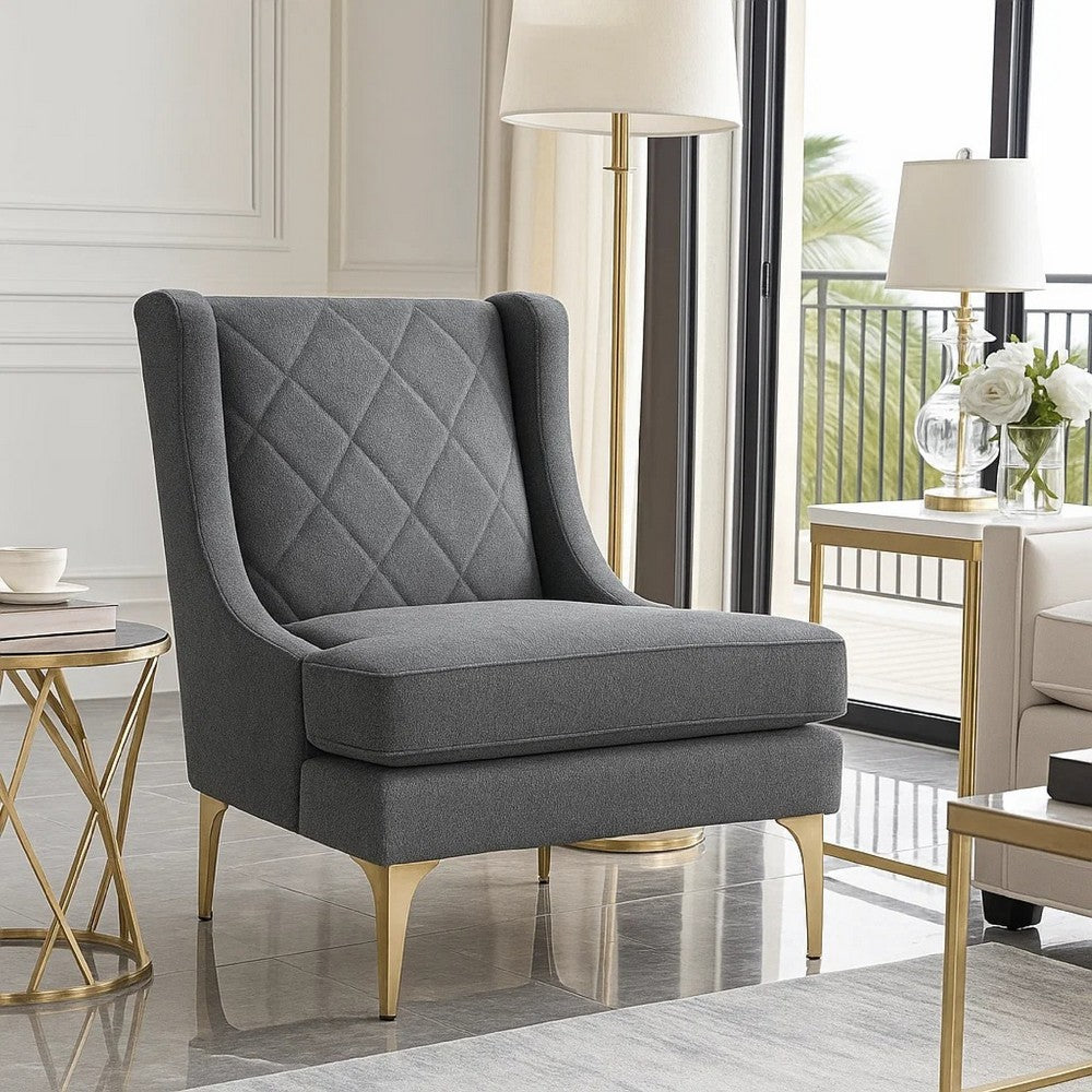 Benjara Svy Wingback Accent Chair, Dark Gray Chenille Cushion, Gold Metal Legs