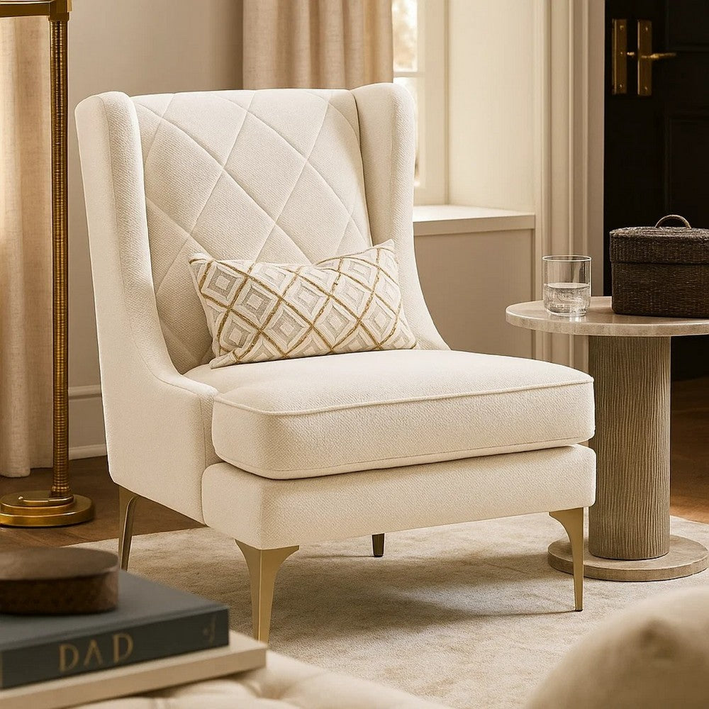 Benjara Svy Wingback Accent Chair, Taupe Chenille Cushion, Gold Metal Legs