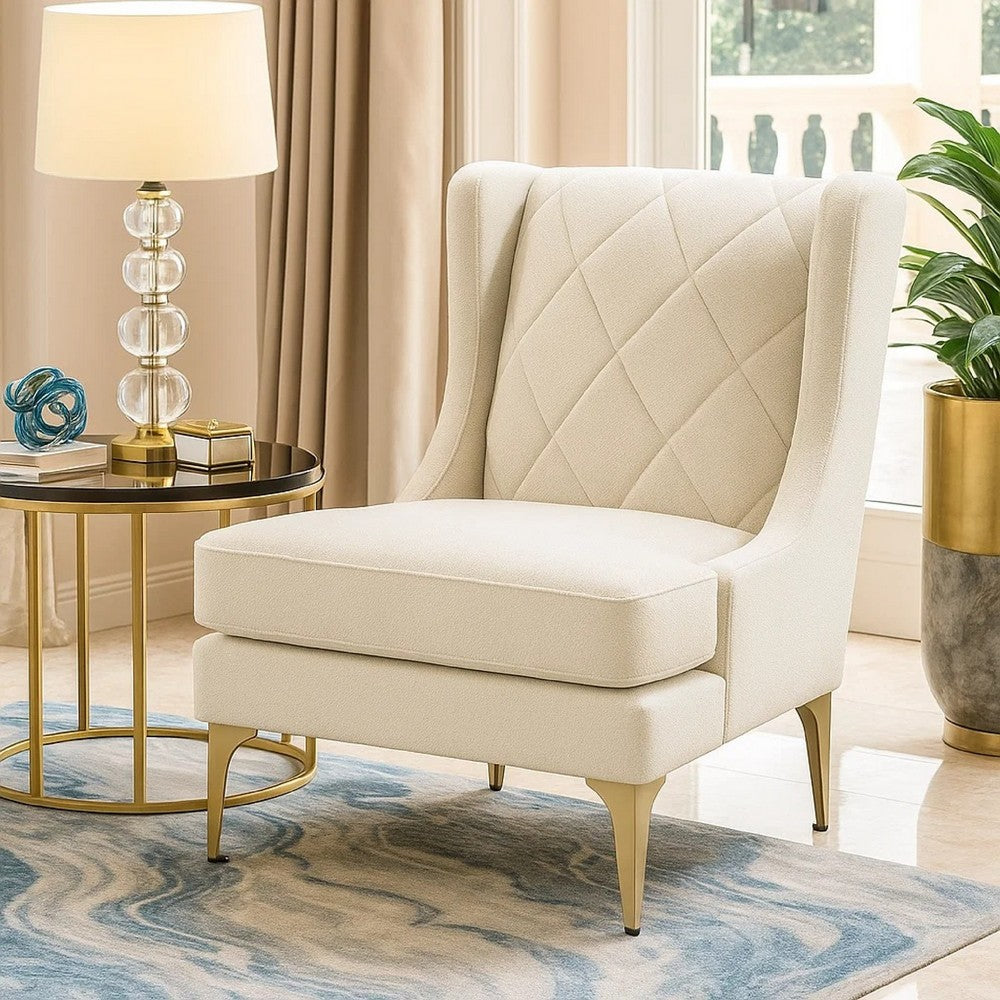 Benjara Svy Wingback Accent Chair, Taupe Chenille Cushion, Gold Metal Legs
