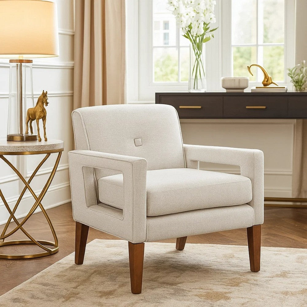 Benjara Bei Armchair, Beige Chenille Cushion, Walnut Brown Solid Wood