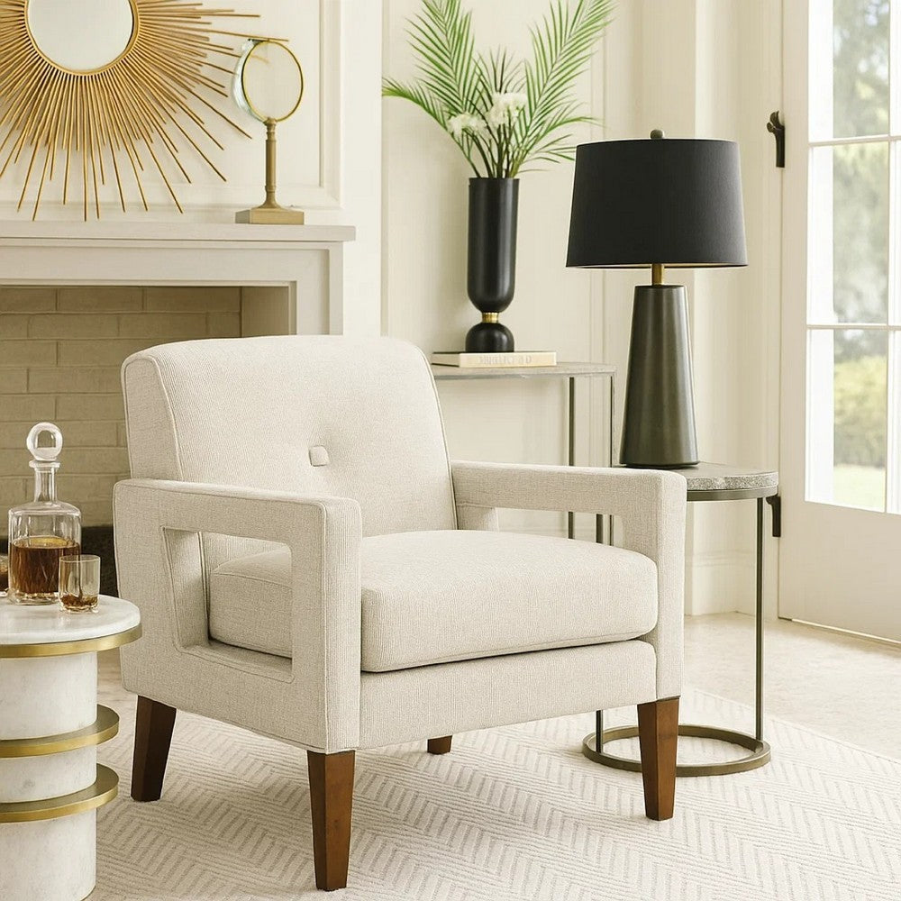 Benjara Bei Armchair, Beige Chenille Cushion, Walnut Brown Solid Wood