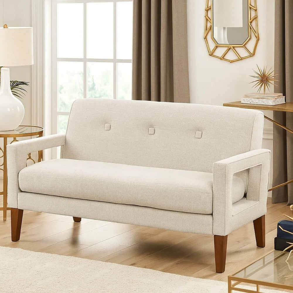 Benjara Bei Loveseat, Beige Chenille Cushion, Walnut Brown Solid Wood, 55 Inch
