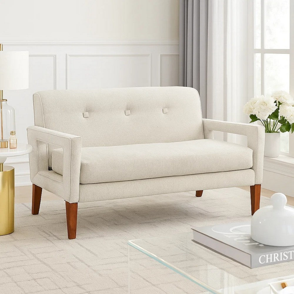 Benjara Bei Loveseat, Beige Chenille Cushion, Walnut Brown Solid Wood, 55 Inch
