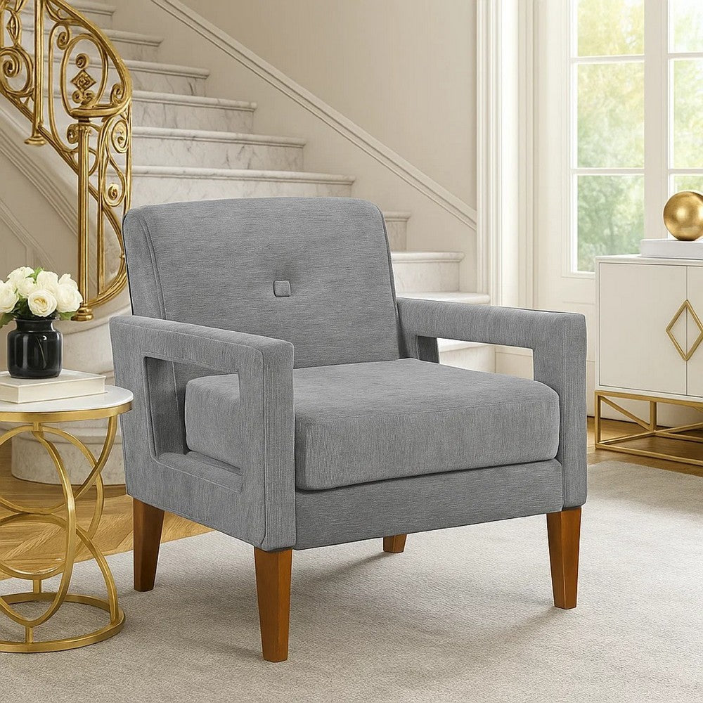 Benjara Bei Armchair, Gray Chenille Cushion, Walnut Brown Solid Wood