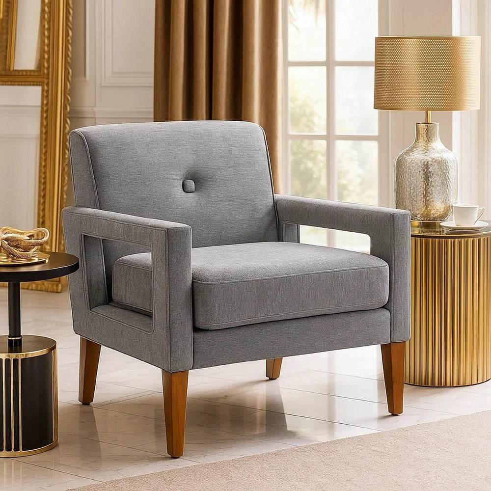 Benjara Bei Armchair, Gray Chenille Cushion, Walnut Brown Solid Wood
