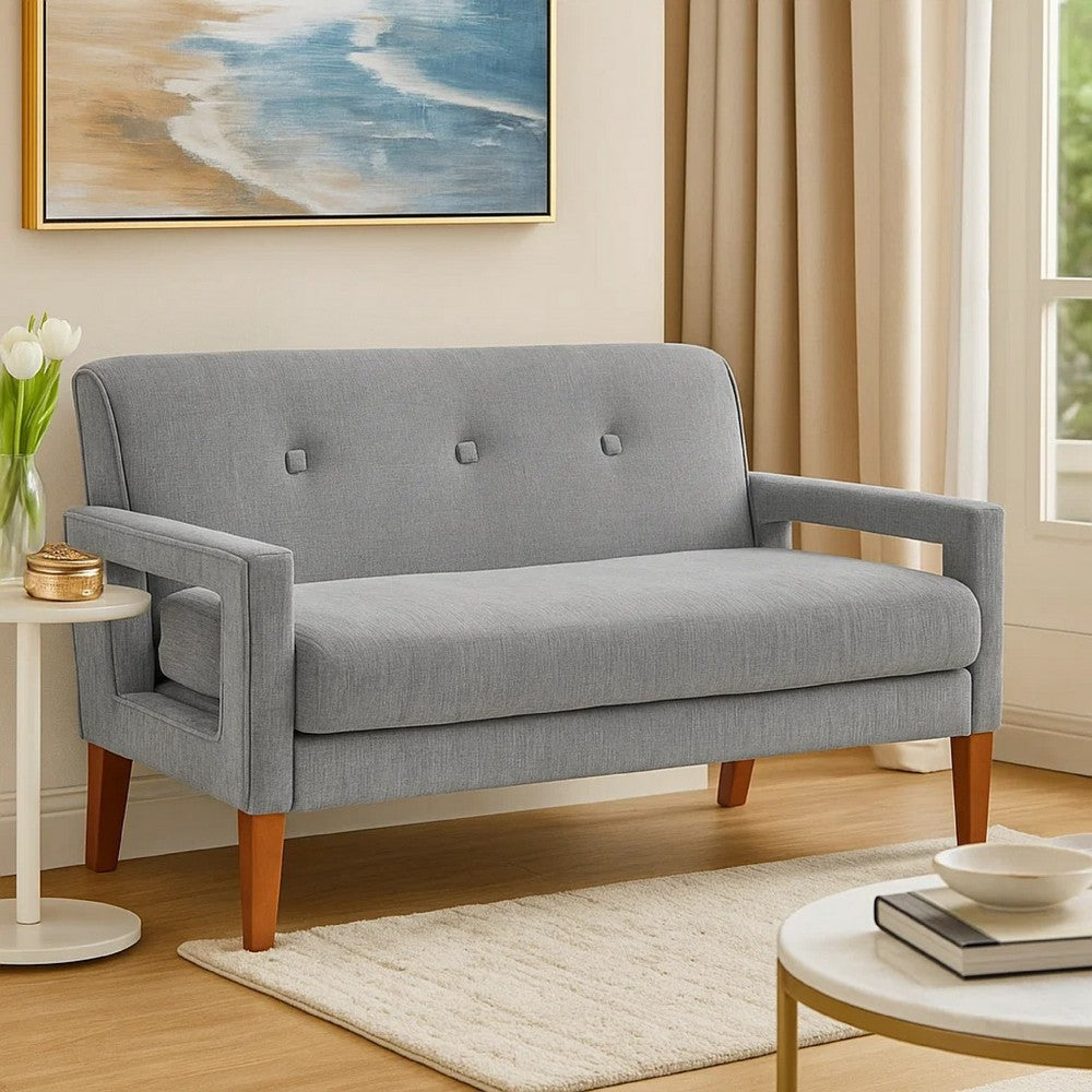 Benjara Bei Loveseat, Gray Chenille Cushion, Walnut Brown Solid Wood, 55 Inch