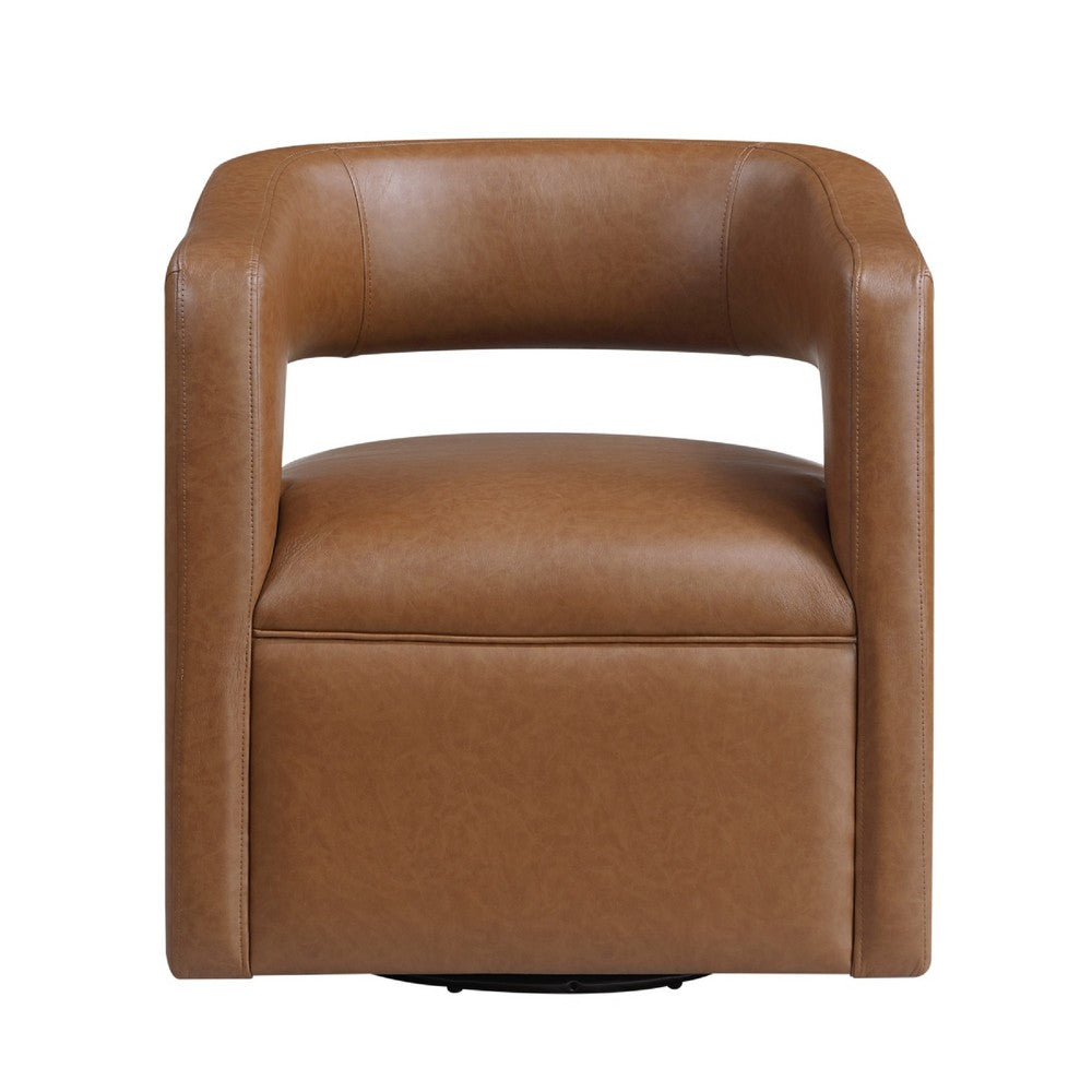 Benjara Cera Swivel Chair, Barrel Back, Camel Brown Faux Leather Upholstery