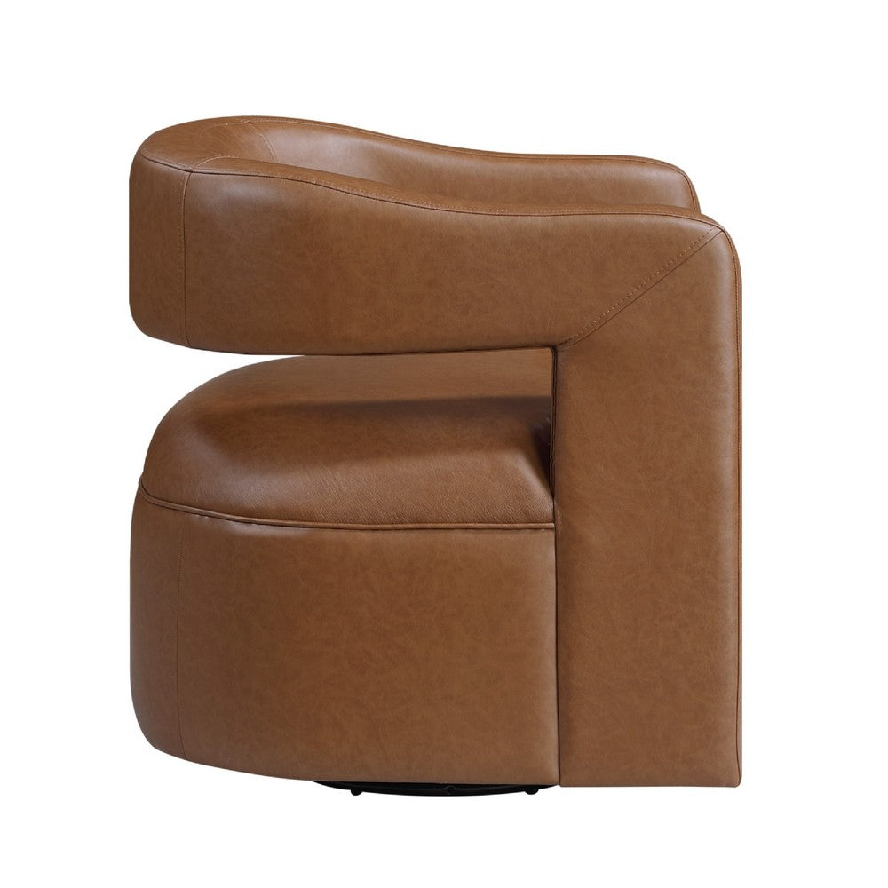 Benjara Cera Swivel Chair, Barrel Back, Camel Brown Faux Leather Upholstery