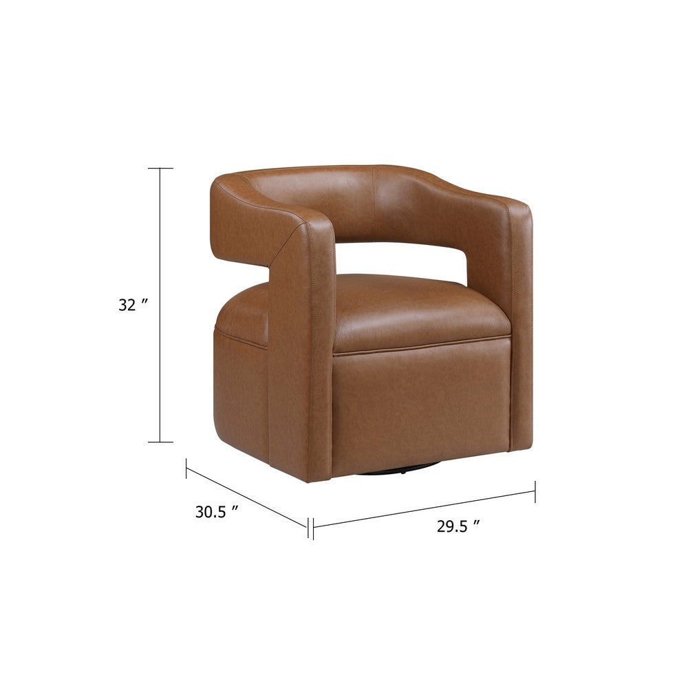 Benjara Cera Swivel Chair, Barrel Back, Camel Brown Faux Leather Upholstery