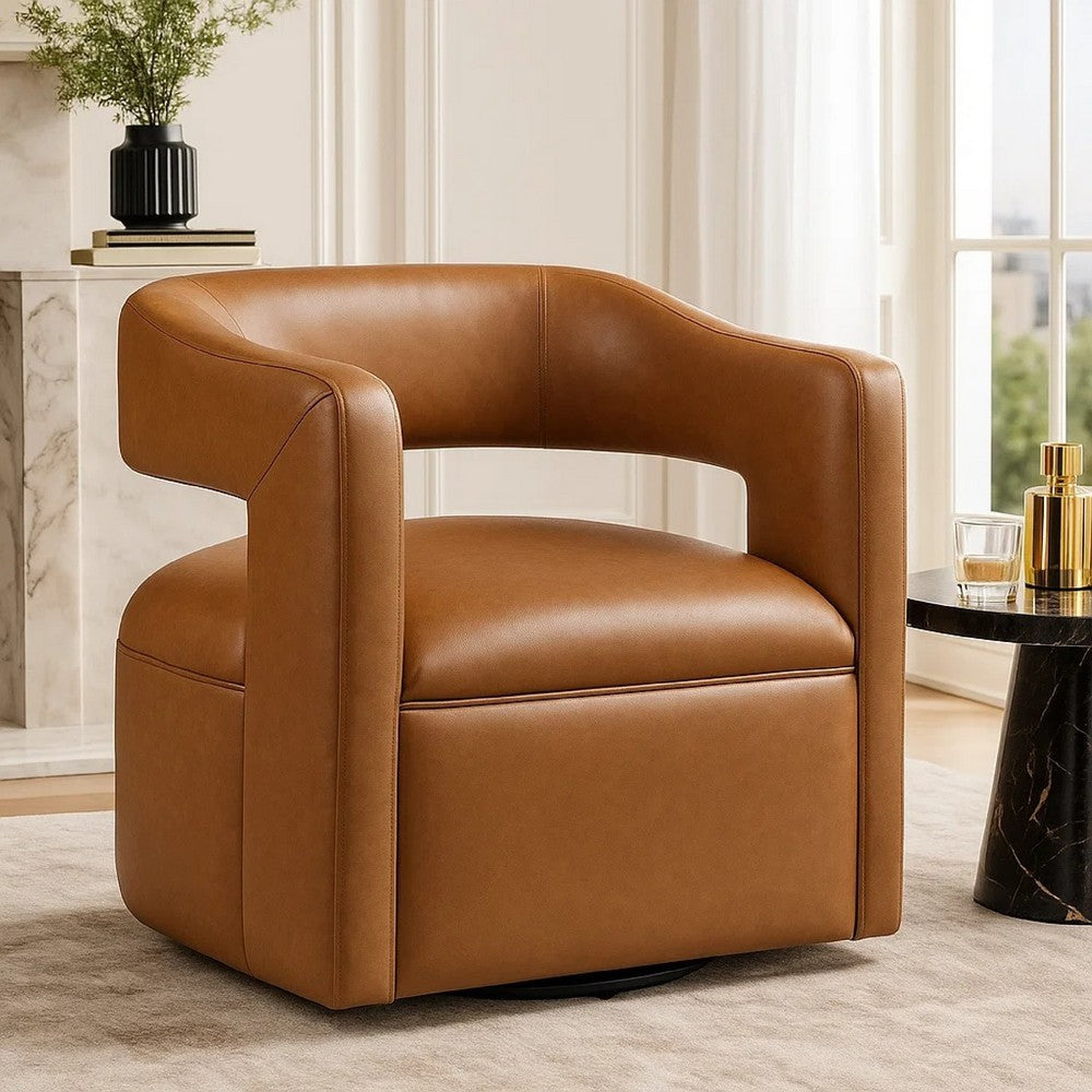 Benjara Cera Swivel Chair, Barrel Back, Camel Brown Faux Leather Upholstery