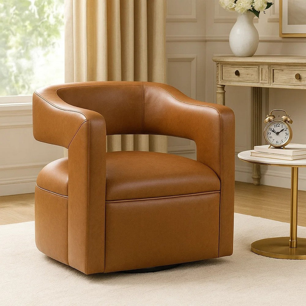 Benjara Cera Swivel Chair, Barrel Back, Camel Brown Faux Leather Upholstery
