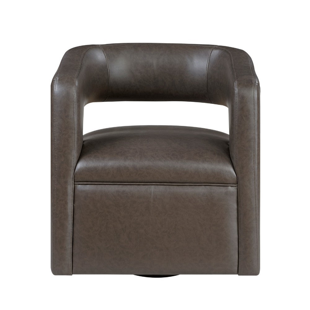 Benjara Cera Swivel Chair, Barrel Back, Coffee Brown Faux Leather Upholstery