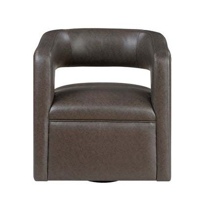 Benjara Cera Swivel Chair, Barrel Back, Coffee Brown Faux Leather Upholstery
