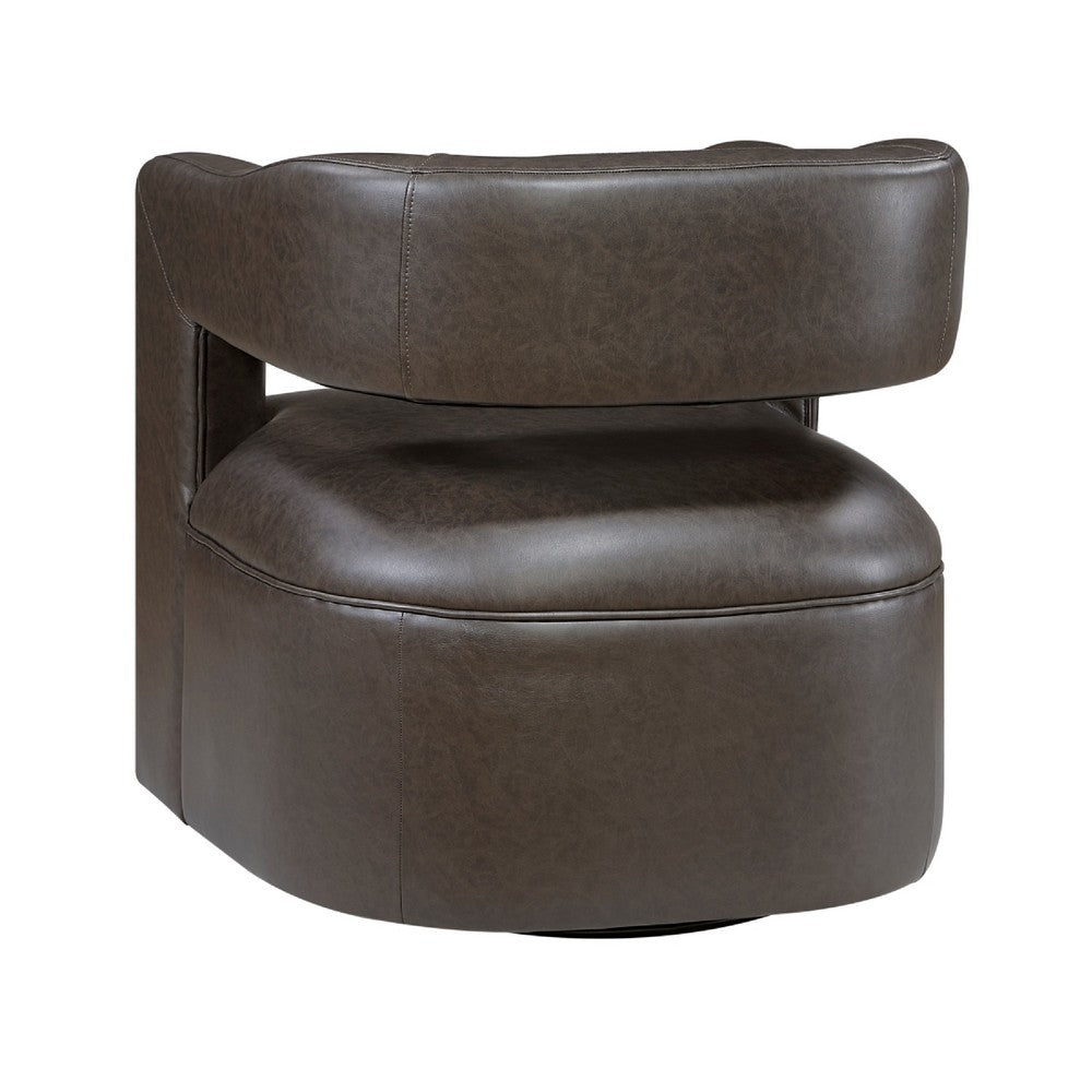 Benjara Cera Swivel Chair, Barrel Back, Coffee Brown Faux Leather Upholstery