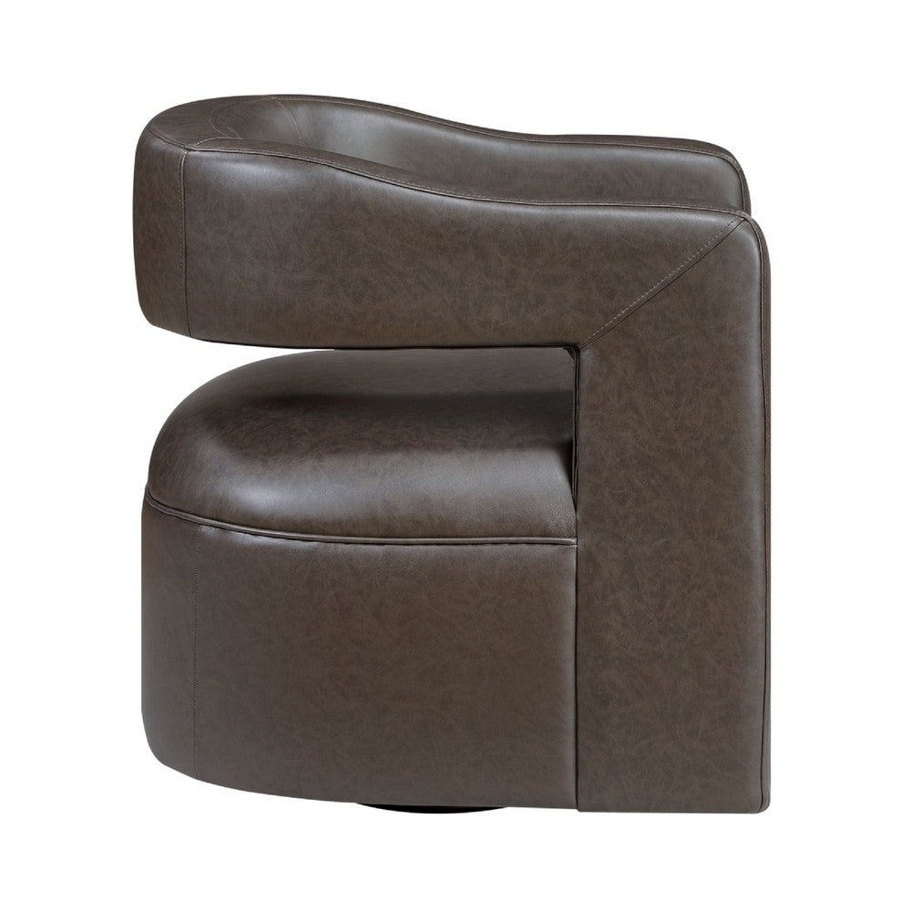 Benjara Cera Swivel Chair, Barrel Back, Coffee Brown Faux Leather Upholstery
