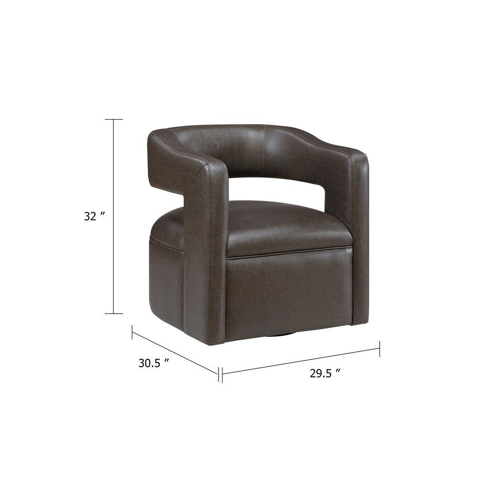 Benjara Cera Swivel Chair, Barrel Back, Coffee Brown Faux Leather Upholstery