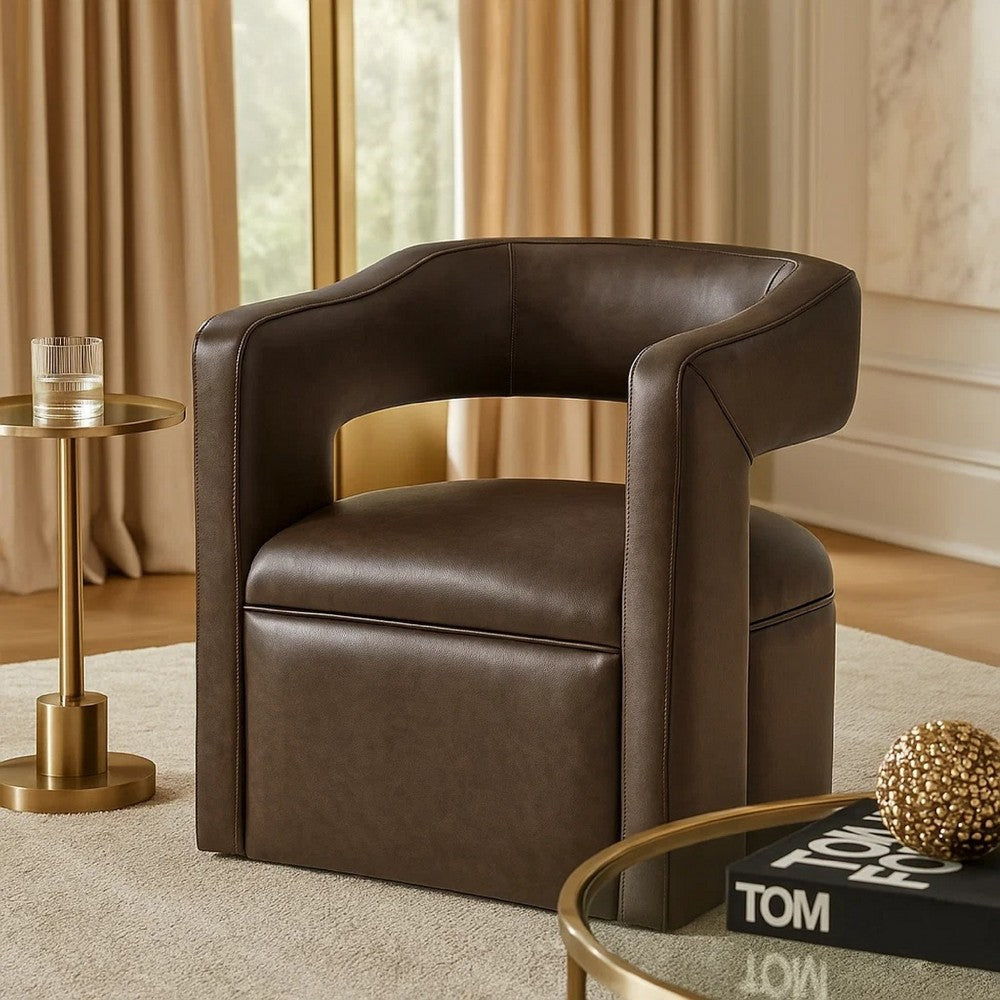 Benjara Cera Swivel Chair, Barrel Back, Coffee Brown Faux Leather Upholstery