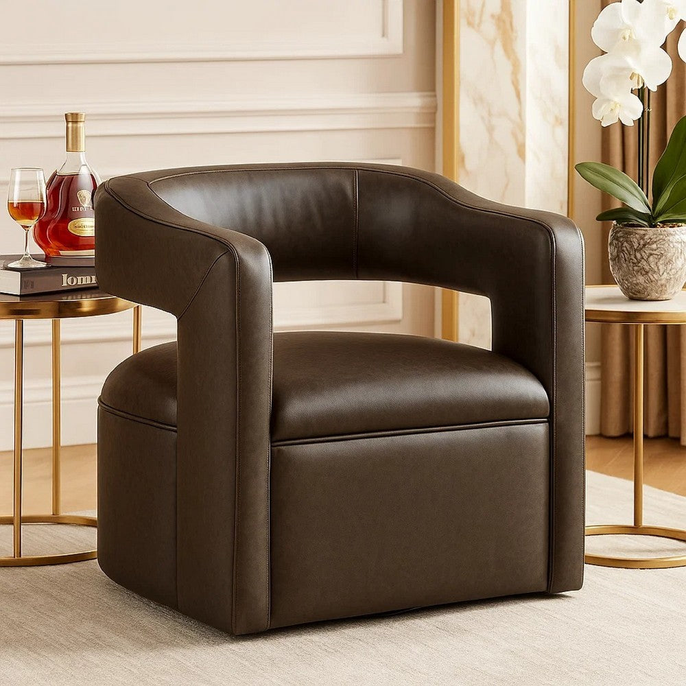 Benjara Cera Swivel Chair, Barrel Back, Coffee Brown Faux Leather Upholstery