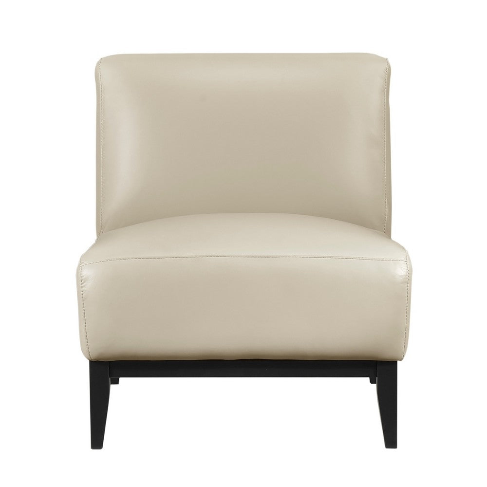 Benjara Hoy Accent Chair, Beige Top Grain Leather, Black Solid Wood Legs
