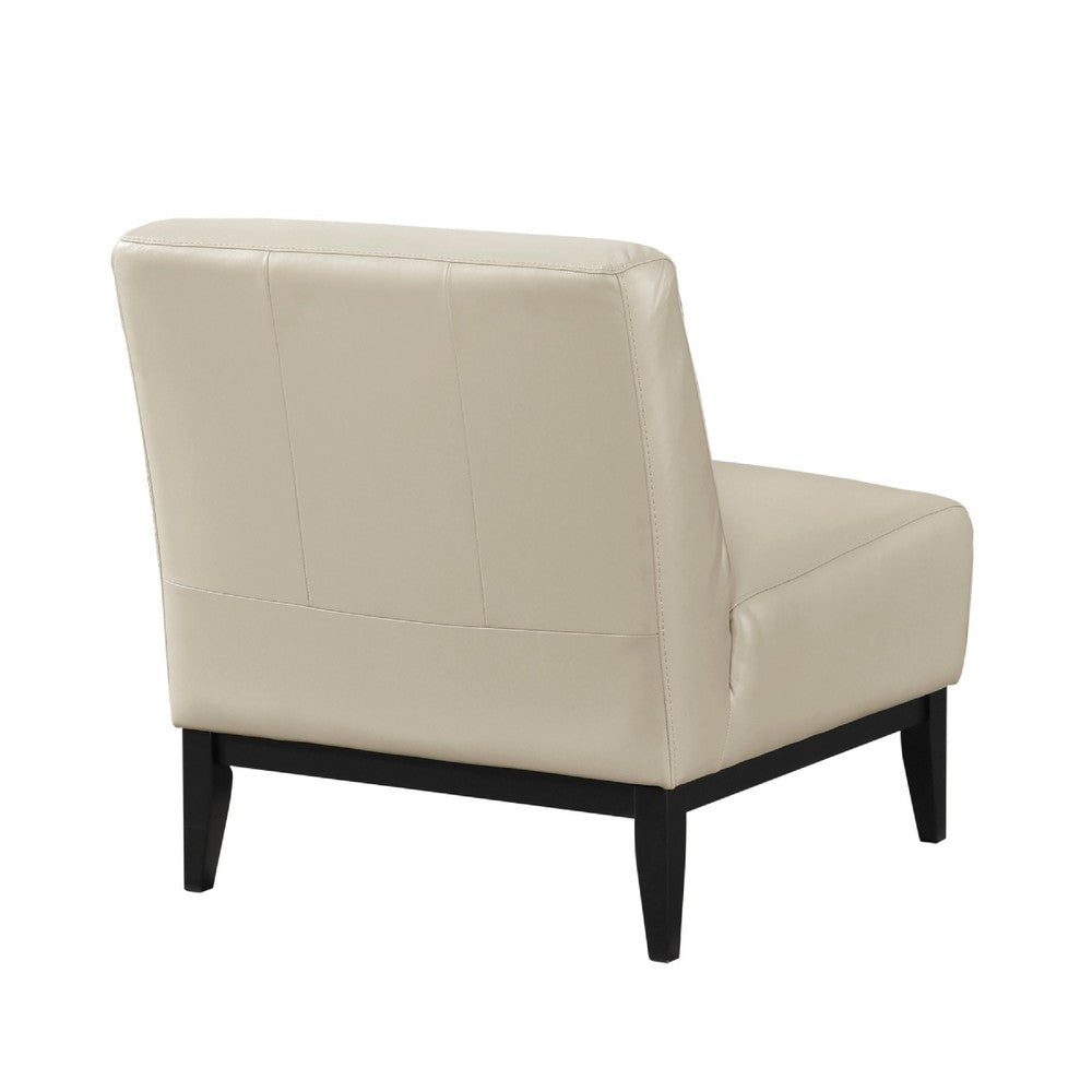 Benjara Hoy Accent Chair, Beige Top Grain Leather, Black Solid Wood Legs