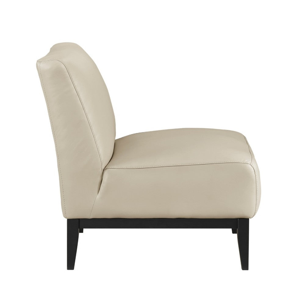 Benjara Hoy Accent Chair, Beige Top Grain Leather, Black Solid Wood Legs